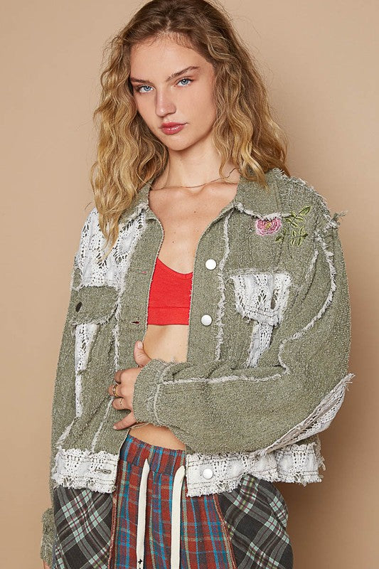 POL Crochet Patch Embroidered Button Up Jacket Olive Multicolor