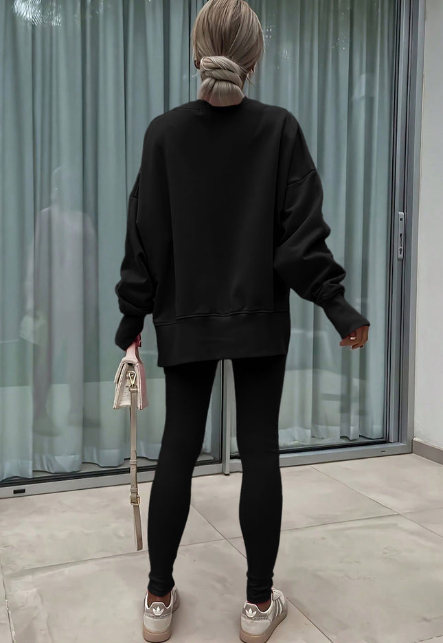 Black Solid Color Oversize Slit Sweatshirt Ribbed Leggings 2pcs Set - 2
