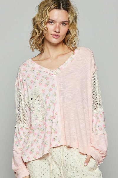 POL Floral Crochet Patch V-Neck Top | Sleekdenim.com