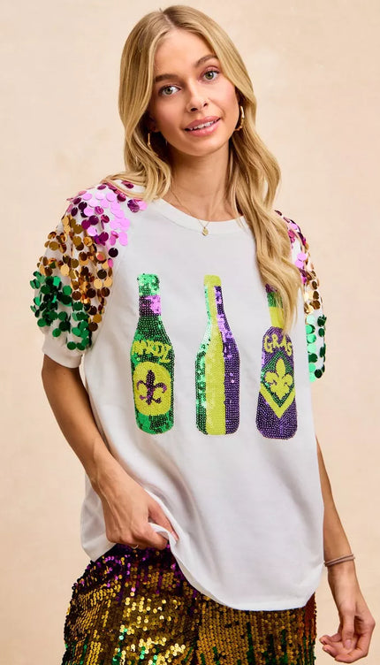 BiBi Sequin Mardi Gras Bottles Spangled Sleeve Top - 8