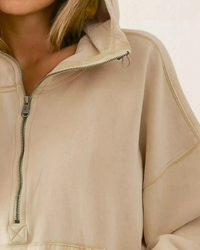 BiBi Stitch Detailed Elastic Hem Half Zip Fleece Hoodie - Sleekdenim.com