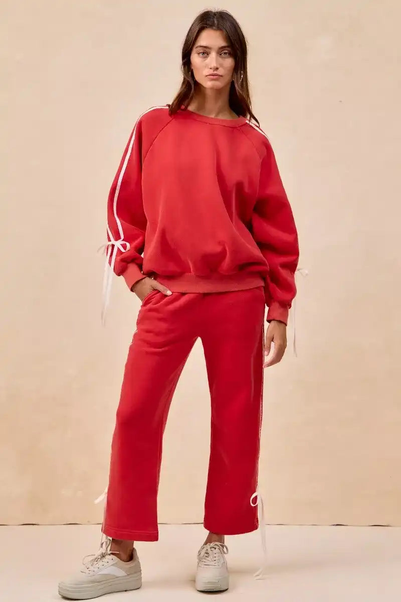 BiBi Side Lined Bow Detail Fleece Sweatshirt & Sweatpants Set