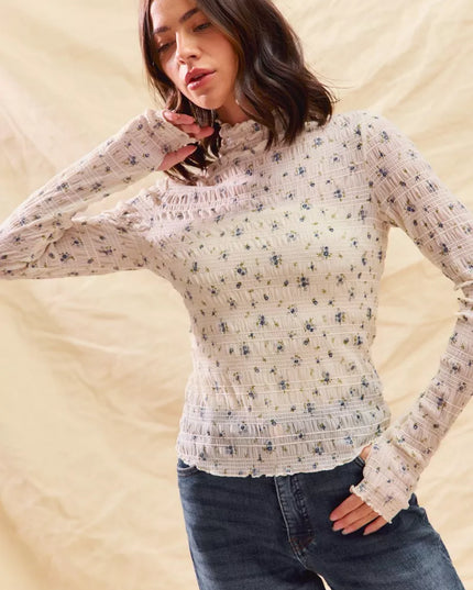 SO ME Floral Print Textured Long Sleeve Knit Top - Sleekdenim.com