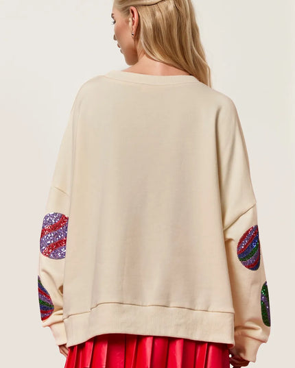 Double Take Christmas Element Sequin Round Neck Long Sleeve Sweatshirt - Sleekdenim.com