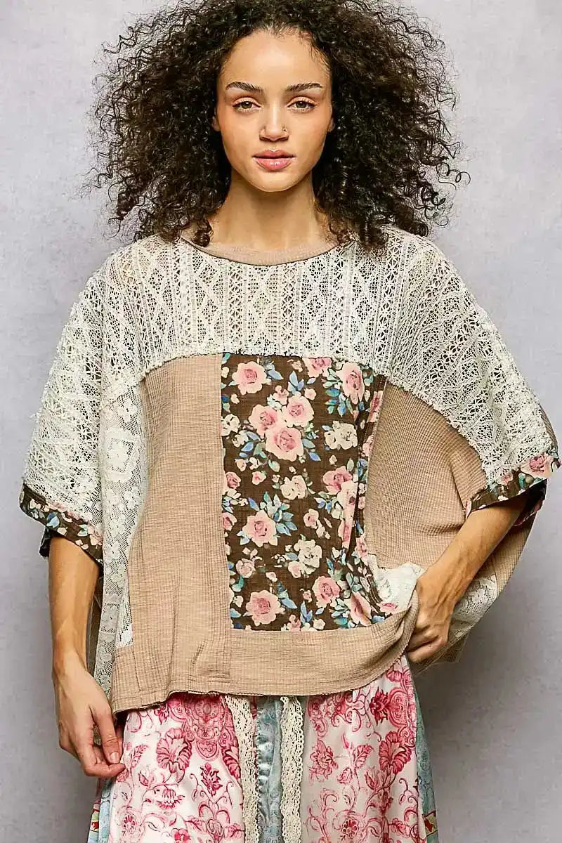 POL Floral Patchwork Lace Accent Blouse - Sleekdenim.com