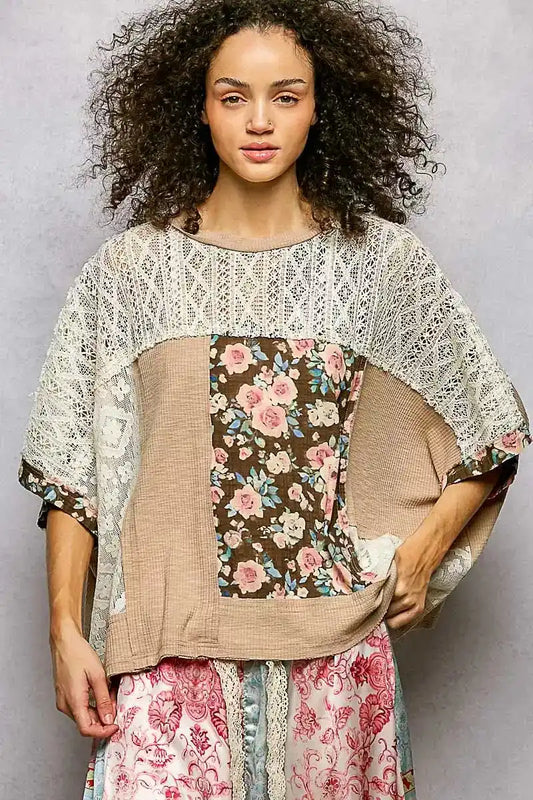 POL Floral Patchwork Lace Accent Blouse - Sleekdenim.com