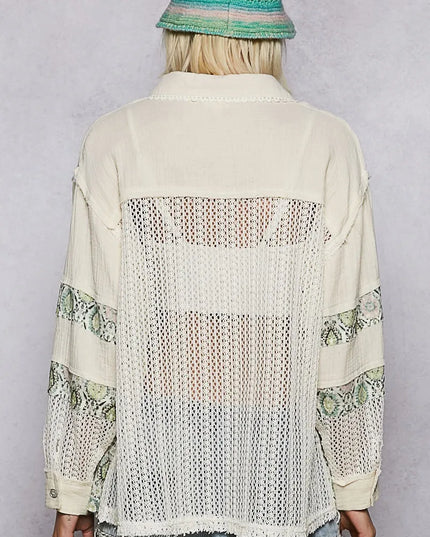 POL Printed Crochet Patchwork Button-Up Shirt - Sleekdenim.com