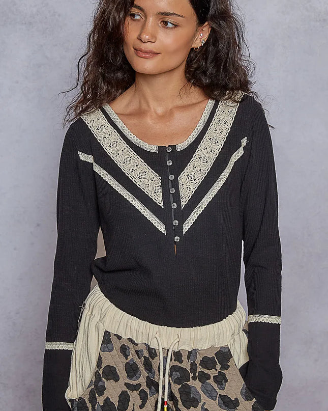 POL Ribbed Half Button Lace Detail Knit Top - Sleekdenim.com