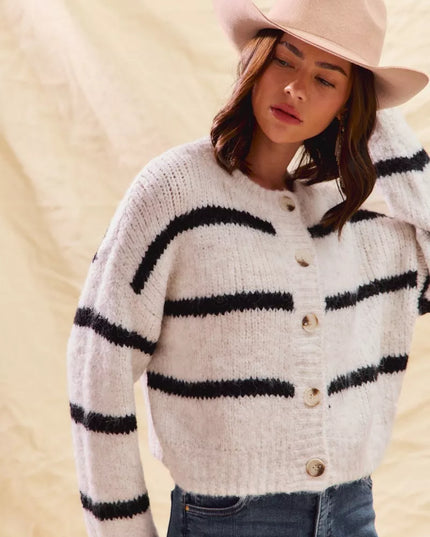 SO ME Stripe Soft Touch Button Cozy Sweater Cardigan - Sleekdenim.com