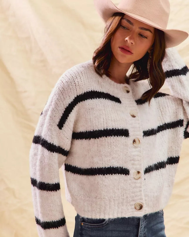 SO ME Stripe Soft Touch Button Cozy Sweater Cardigan - Sleekdenim.com