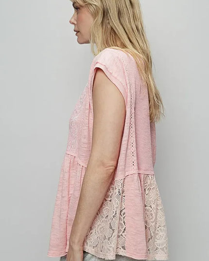 POL Embroidered Detail Boat Neck Cap Sleeve Lace Blouse - Sleekdenim.com