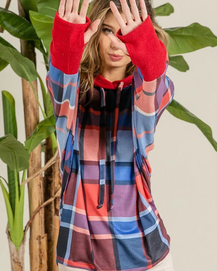 BiBi Plaid Mirr Brushed Rib Contrast Thumb Open Hoodie - Sleekdenim.com