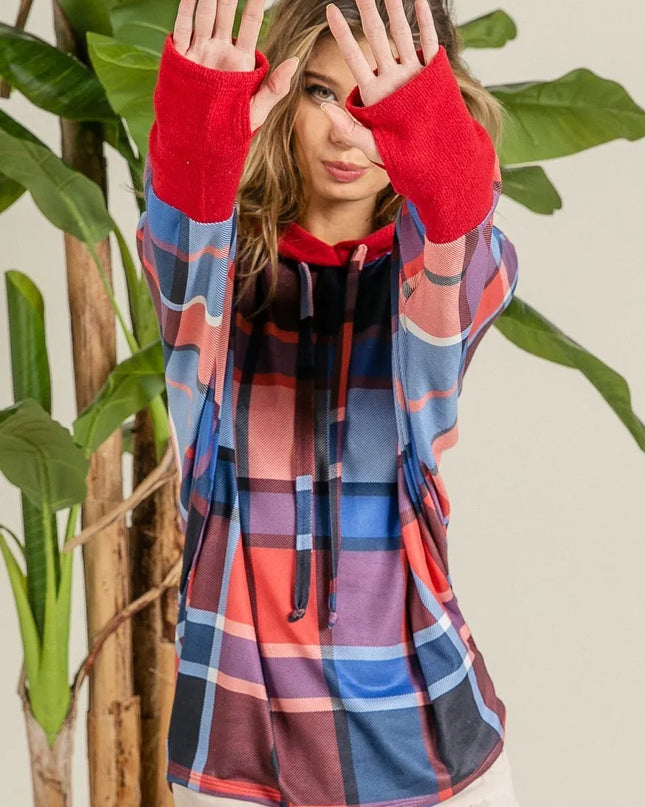 BiBi Plaid Mirr Brushed Rib Contrast Thumb Open Hoodie - Sleekdenim.com