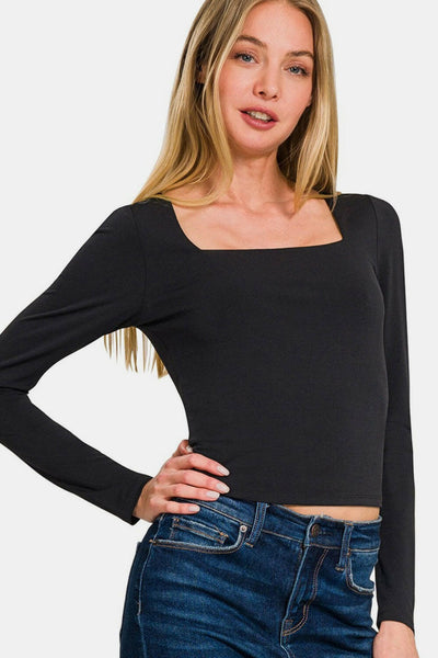 Zenana Square Neck Fitted Long Sleeve T-Shirt Black