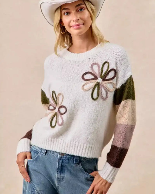 BiBi Flower Color Block Sweater - Sleekdenim.com