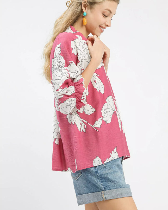 Umgee Peony Illustration Print Flounce Sleeve Blouse - Sleekdenim.com