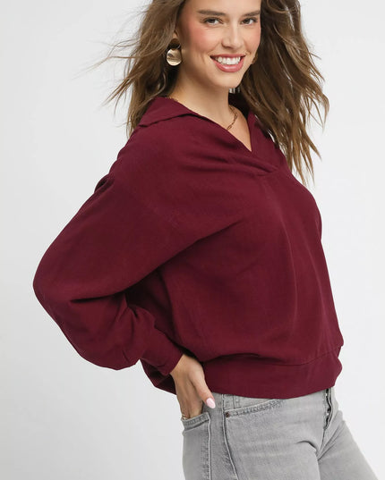 Umgee Linen Long Sleeves Elastic Hem Blouse - Sleekdenim.com