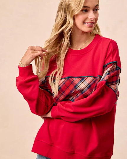 BiBi Christmas Theme Plaid Block Sweatshirt with Binding - Sleekdenim.com