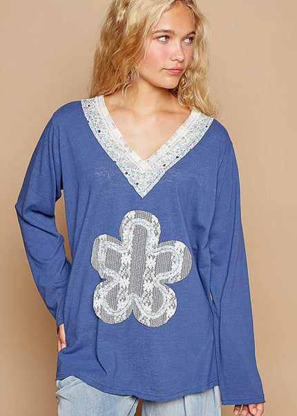POL Lace Flower Patch Long Sleeve T-Shirt - Sleekdenim.com