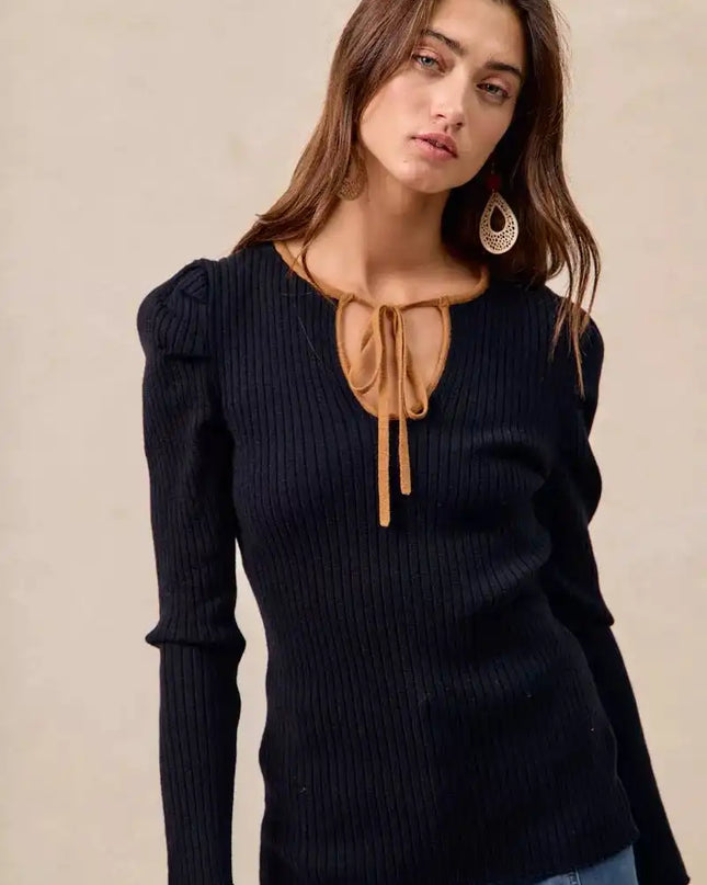 BiBi Ribbed Contrast Front Tied Top with Shrried - Sleekdenim.com