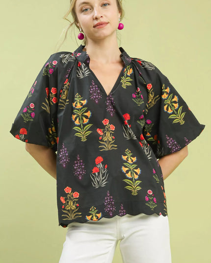 Umgee Floral Print Puff Sleeve Scallop Hem Blouse - Sleekdenim.com