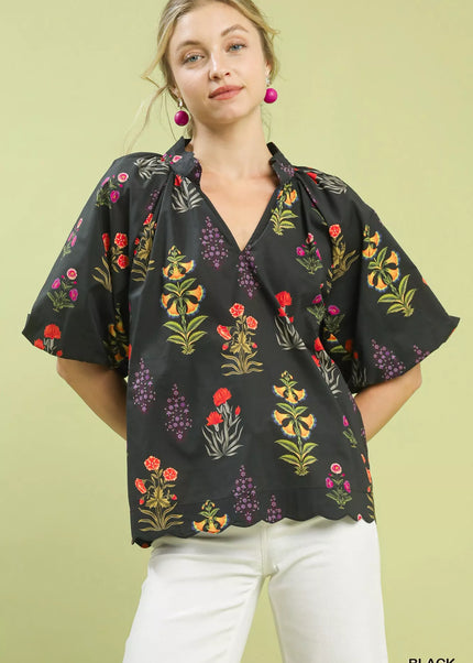 Umgee Floral Print Puff Sleeve Scallop Hem Blouse - Sleekdenim.com