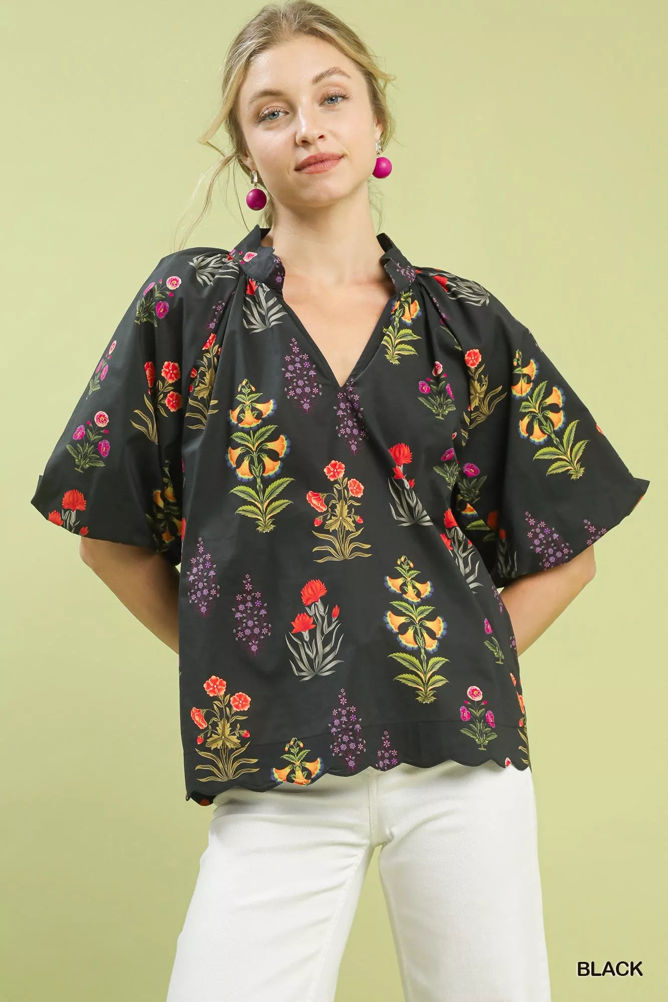 Umgee Floral Print Puff Sleeve Scallop Hem Blouse - Sleekdenim.com