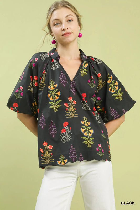 Umgee Floral Print Puff Sleeve Scallop Hem Blouse - Sleekdenim.com