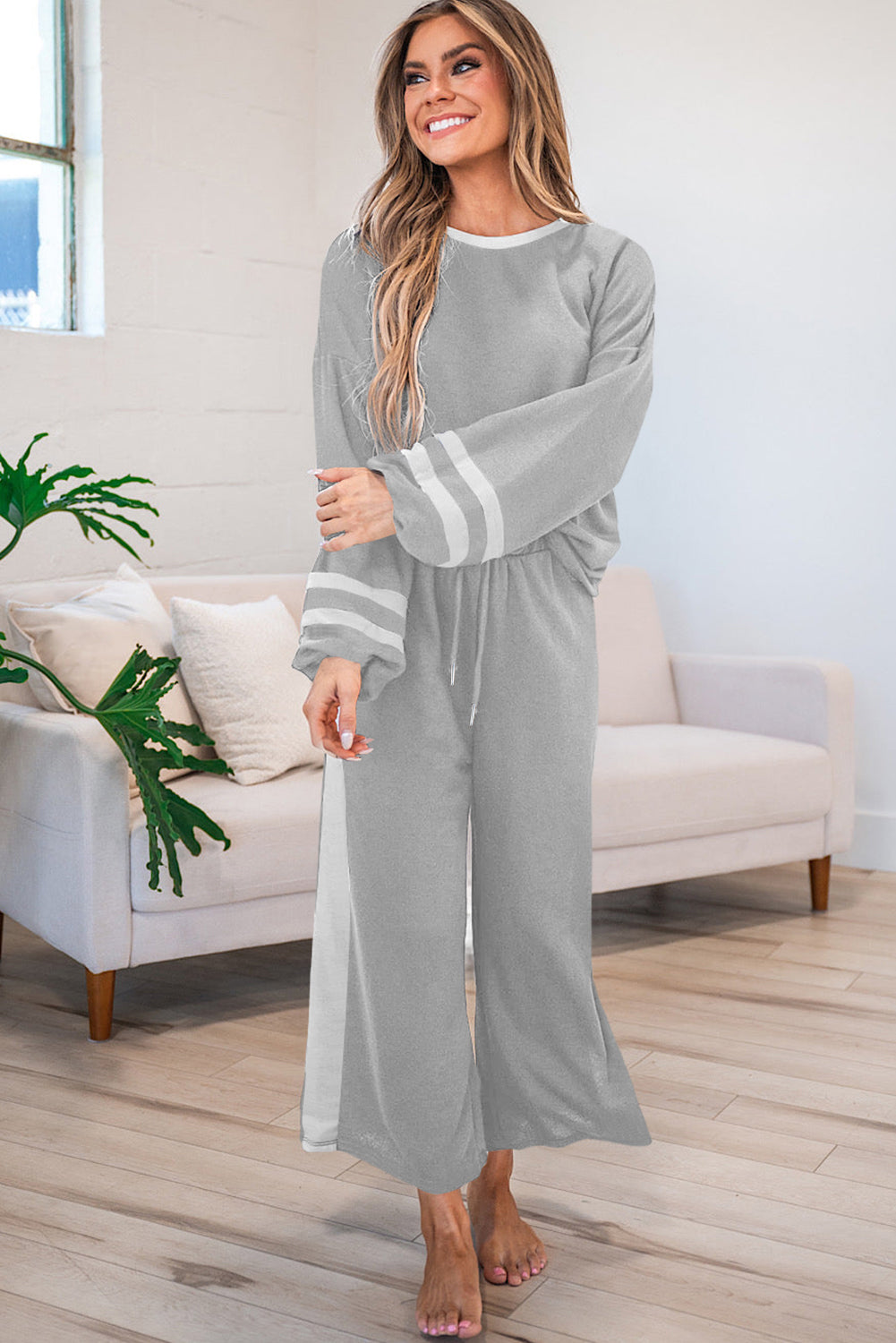 Chestnut Varsity Stripe Patchwork Puff Sleeve Pullover Drawstring Wide Leg Pant Set