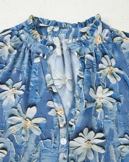 Floral Half Placket Collared V-Neck Blouse - Sleekdenim.com