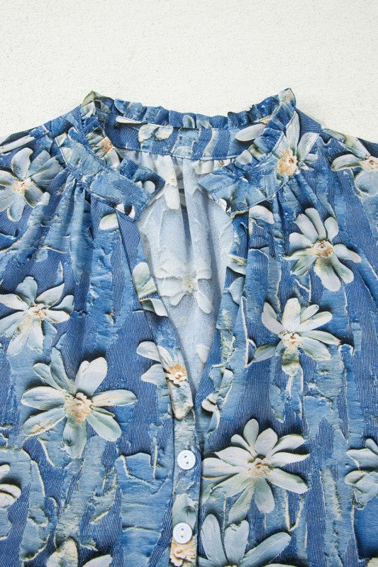 Floral Half Placket Collared V-Neck Blouse - Sleekdenim.com