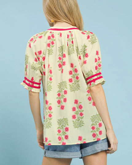 Umgee Floral V-Neck Puff Sleeve Top - Sleekdenim.com