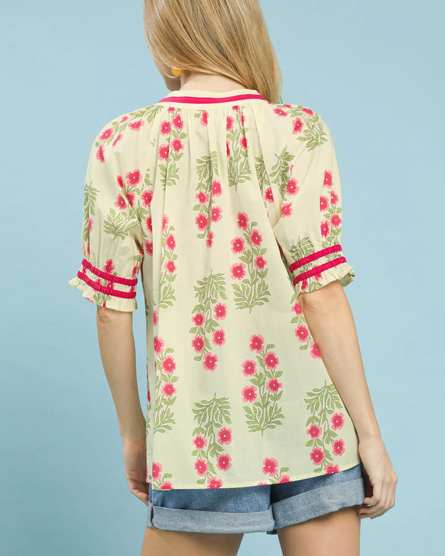Umgee Floral V-Neck Puff Sleeve Top - Sleekdenim.com