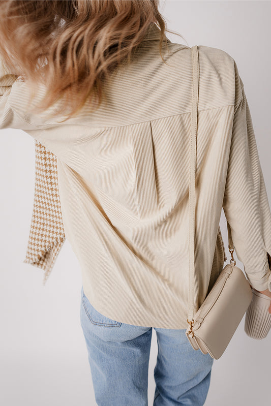 Parchment Houndstooth Corduroy Patchwork Flap Pocket Shacket - Sleekdenim.com