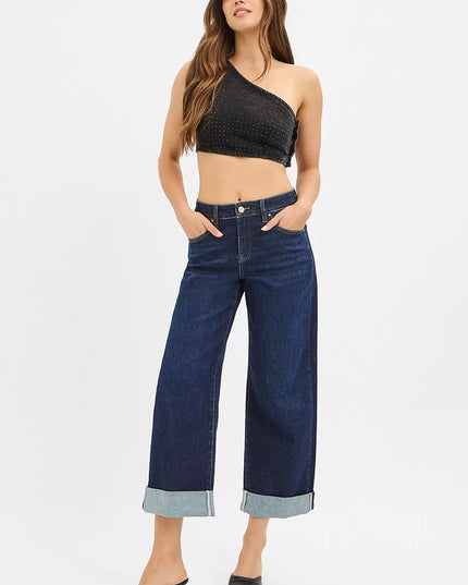 RISEN Mid Rise Fit Ankle Wide Roll Up Jeans - Sleekdenim.com
