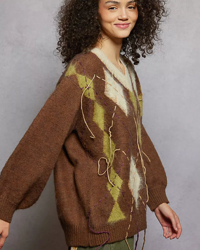 POL V-Neck Argyle Pattern Mohair Sweater with Contrast Exposed Stitch Detail - Sleekdenim.com