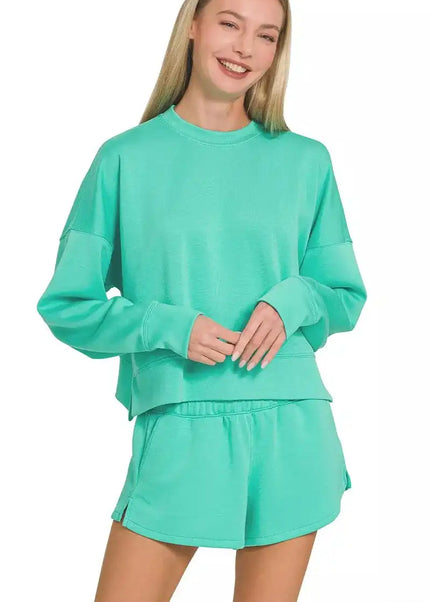 Zenana Scuba Long Sleeve Sweatshirts & Shorts Set - Sleekdenim.com