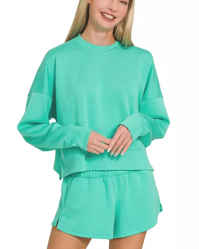 Zenana Scuba Long Sleeve Sweatshirts & Shorts Set - Sleekdenim.com