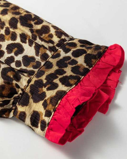 Leopard Contrast Ruffle Trim Buttoned V-Neck Shirt - Sleekdenim.com