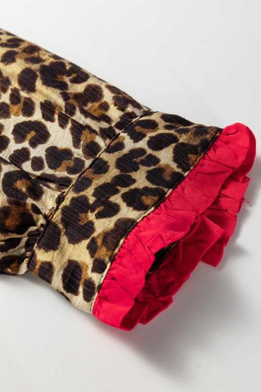 Leopard Contrast Ruffle Trim Buttoned V-Neck Shirt - Sleekdenim.com