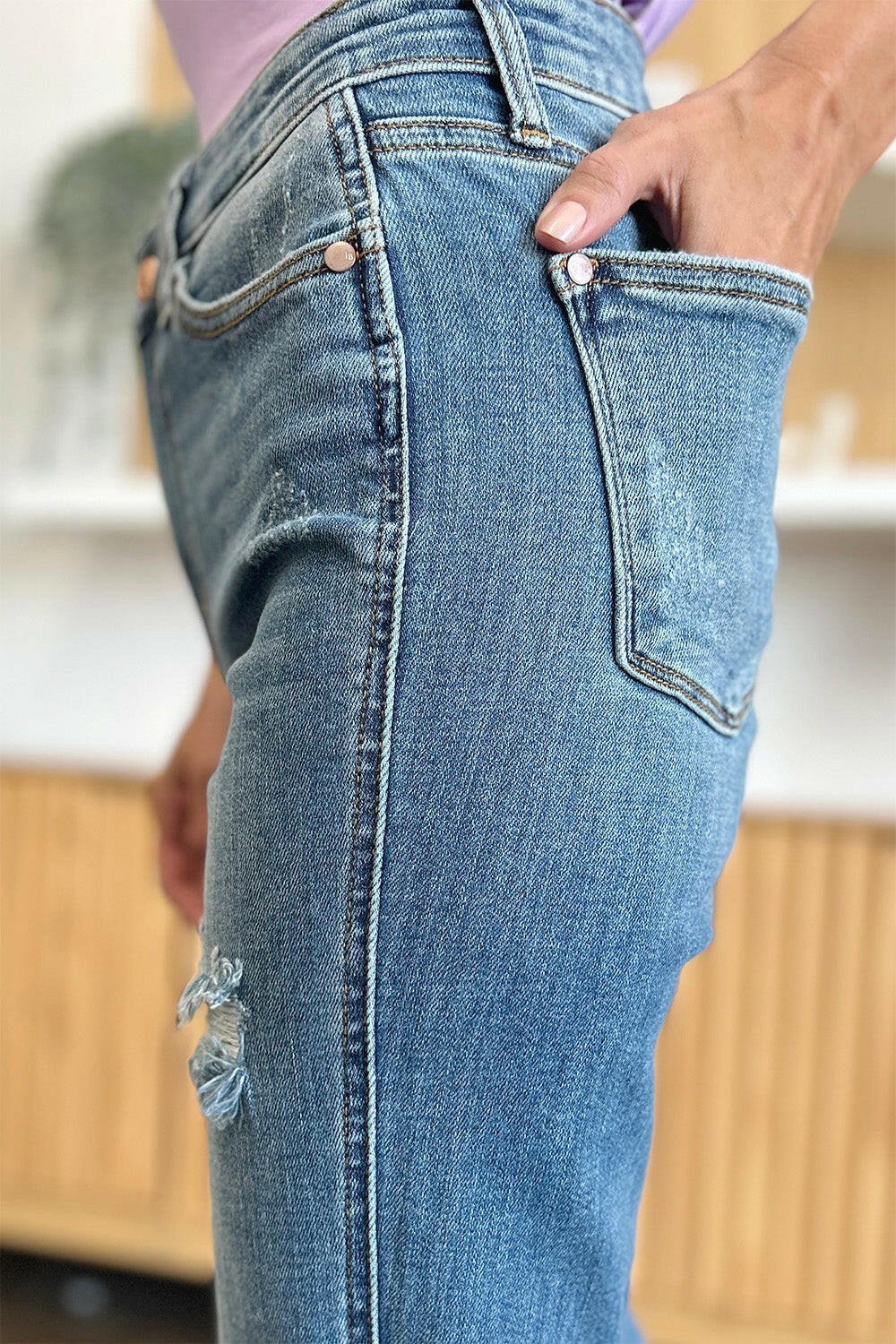 Judy Blue Full Size Distressed Raw Hem Bootcut Jeans | Sleekdenim.com