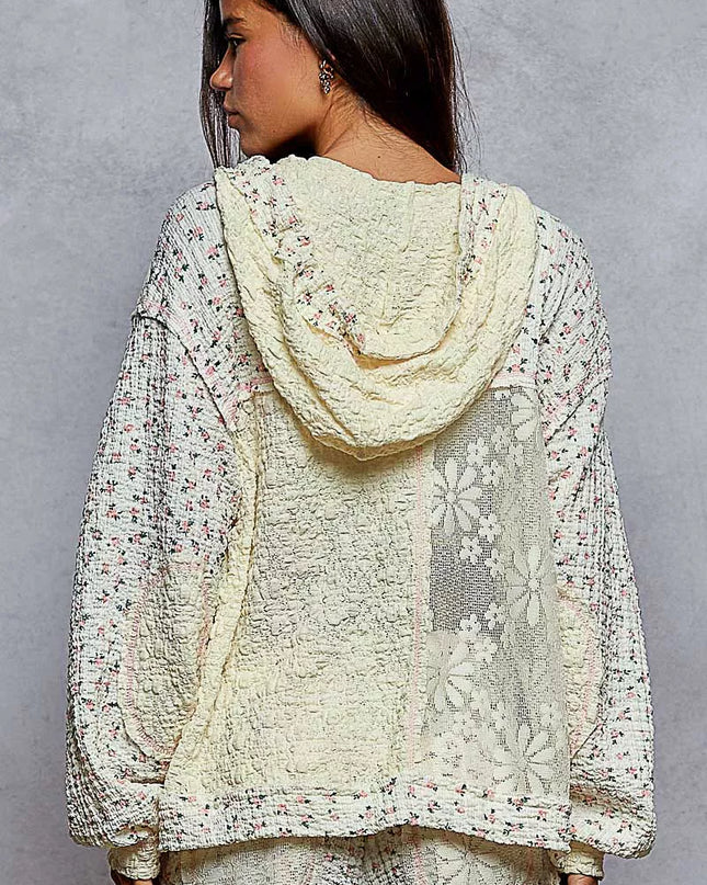 POL Floral Balloon Sleeve Hooded Lace Jacket with Stitch Detail - Sleekdenim.com