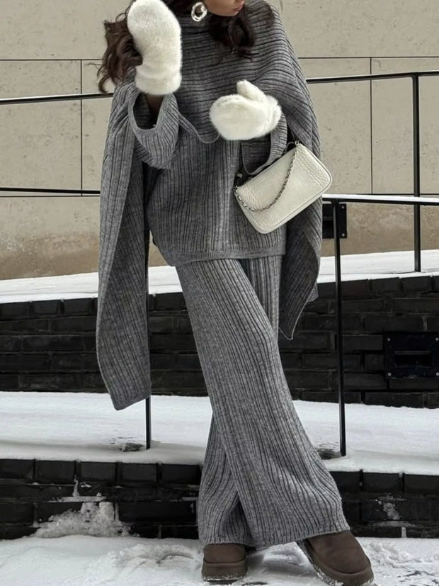 3-Piece Crew Neck Ribbed Sweater and Wide-Leg Pants Set with Scarf - Sleekdenim.com