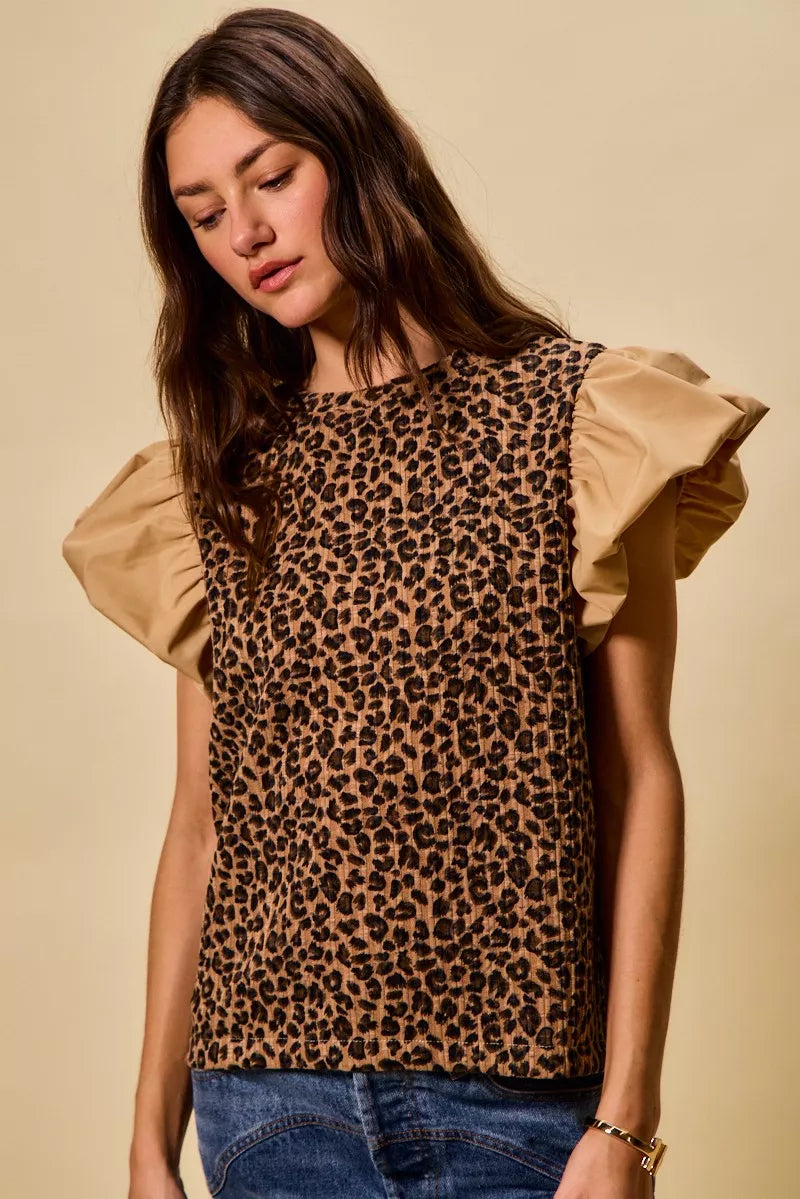 SO ME Leopard Pointelle Knit Top with Puff Sleeves - 6