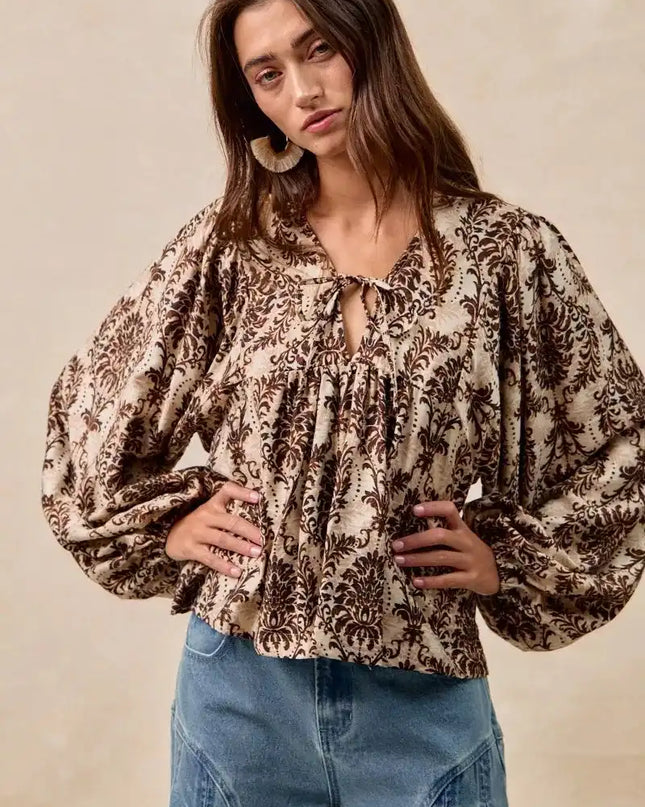 BiBi Printed Woven Front Tied Blouse with Baloon Sleeve - Sleekdenim.com