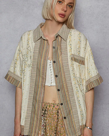 POL Printed Button Down Patchwork Short Sleeve Shirt - Sleekdenim.com