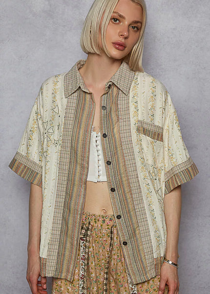 POL Printed Button Down Patchwork Short Sleeve Shirt - Sleekdenim.com