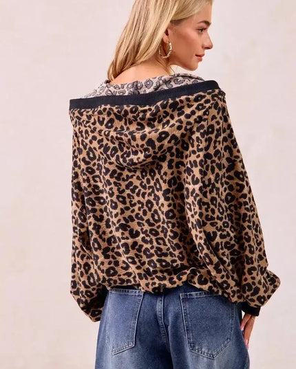 BiBi Leopard Print Waffle Half Zip Up Hoodie W Pocket - Sleekdenim.com