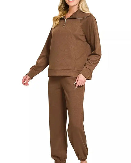 Zenana Scuba Half Zip Sweatshirts and Joggers Set - Sleekdenim.com