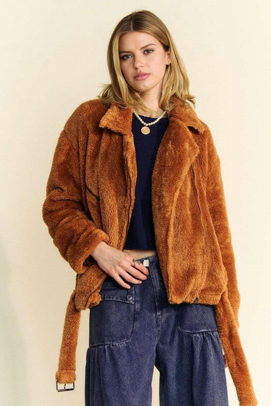 Davi & Dani Fuzzy Zip Up Jacket Brown